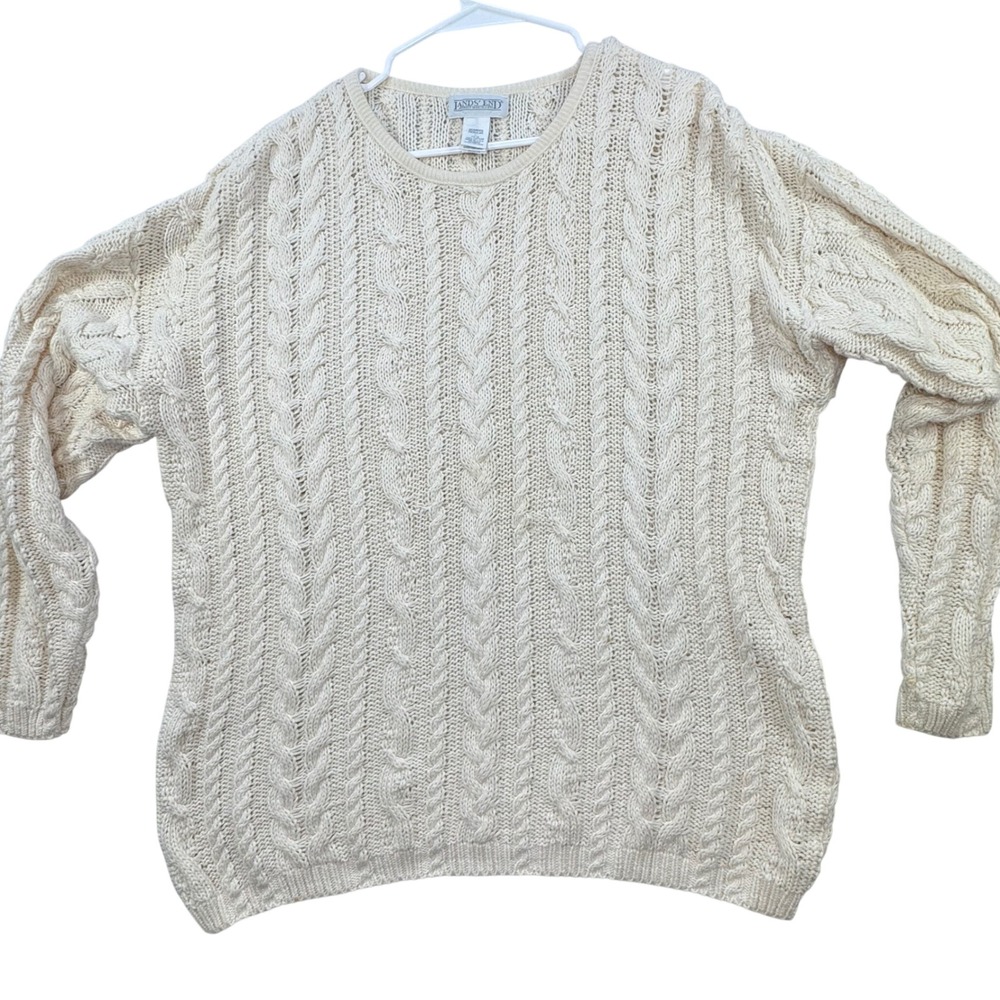 Lands‎ End Cable Knit Sweater Women Large Cream Cotton USA Fisherman Preppy VTG